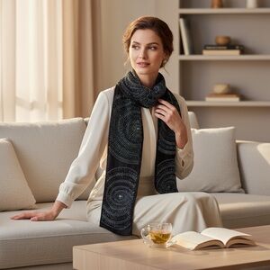 VTG Art Deco Hand Beaded Silk Scarf Spirals inTeal Amethyst Silver 62” x 4.75”